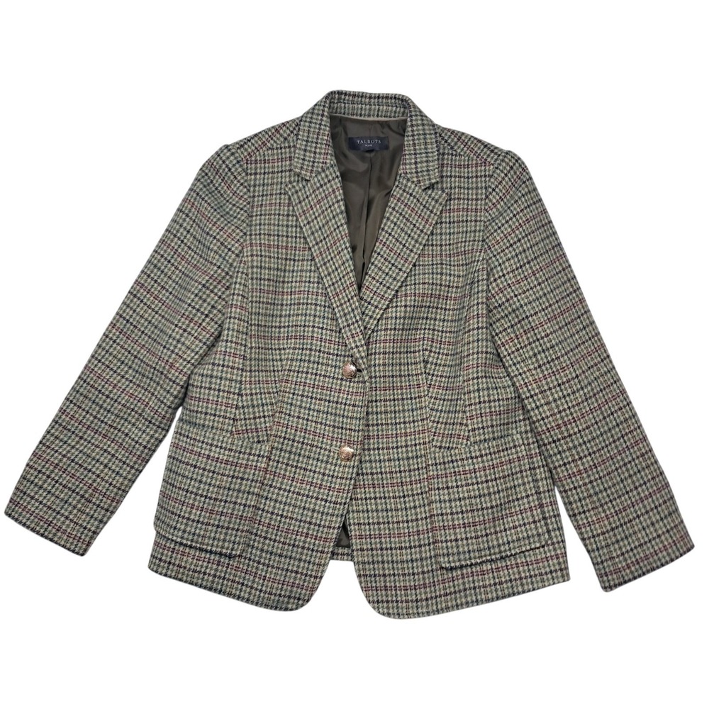 Talbots Classic Shetland Blazer Women 14P‎ Green Houndstooth Plaid Wool Blend